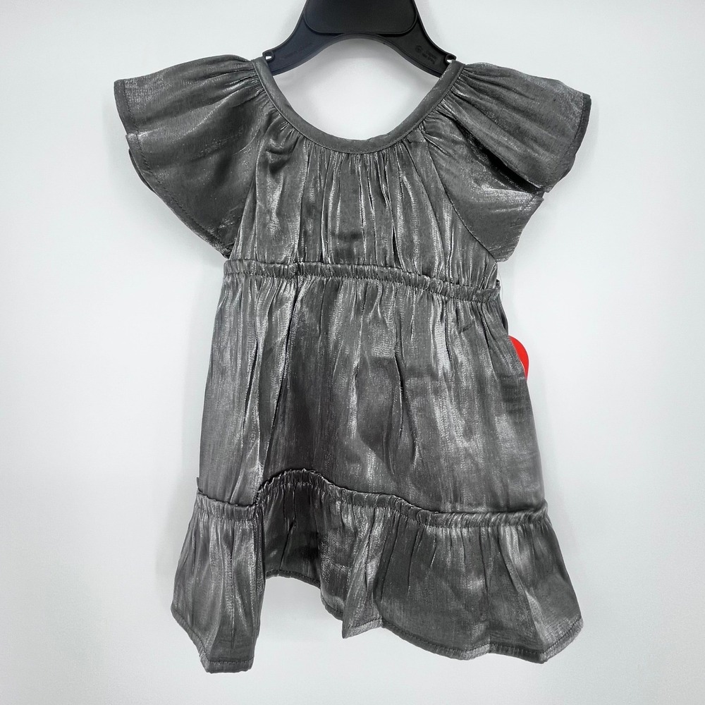 Gunmetal Silver Metallic Tiered Flutter Sleeve Dress Girls 12M Holiday Festive